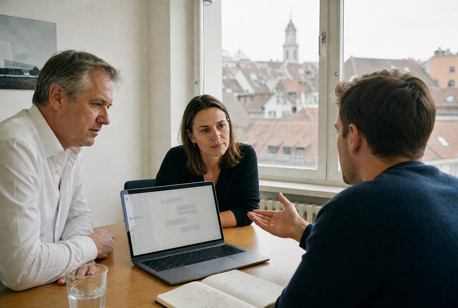 Geschäftsführer und Mitarbeiterin eines KMU besprechen mit einem IT-Berater einen KI-Prototyp auf dem Laptop, im Fenster Dächer einer Altstadt.